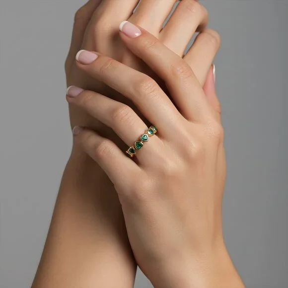 Heart Cut Emerald 14K (or 18k upon request) Yellow Gold Eternity Ring - Picture 2 of 3